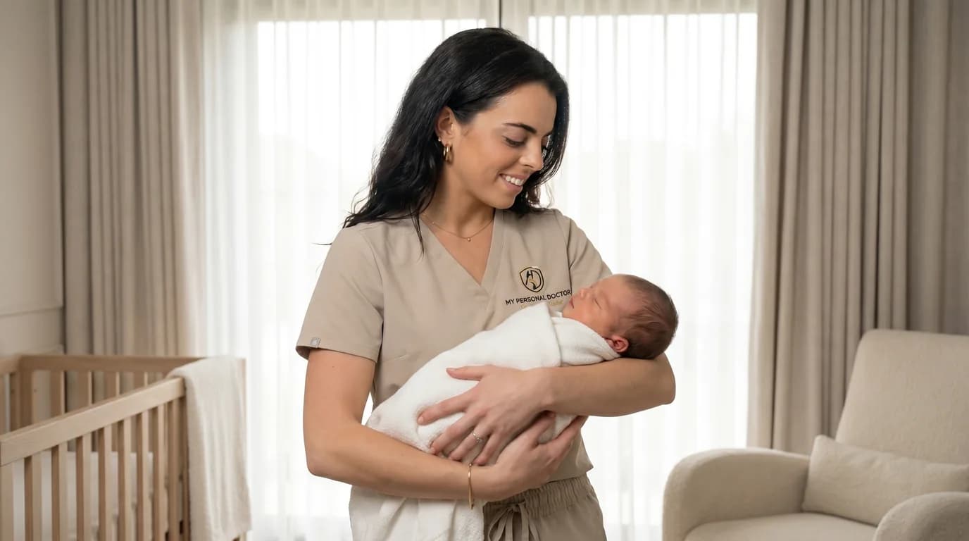 Newborn care nurse in a calm nursery