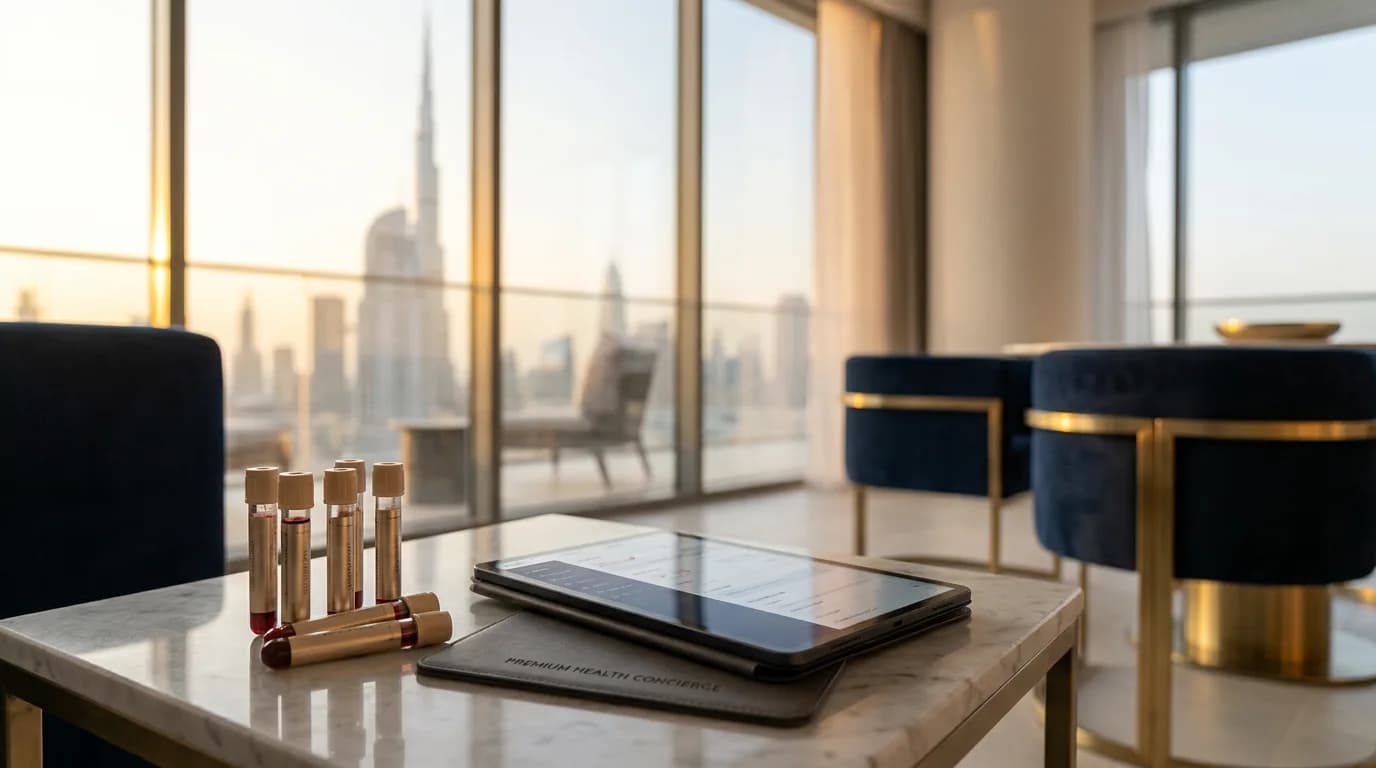 Elegant at-home medical concierge setup with premium blood-test vials overlooking the Dubai skyline.