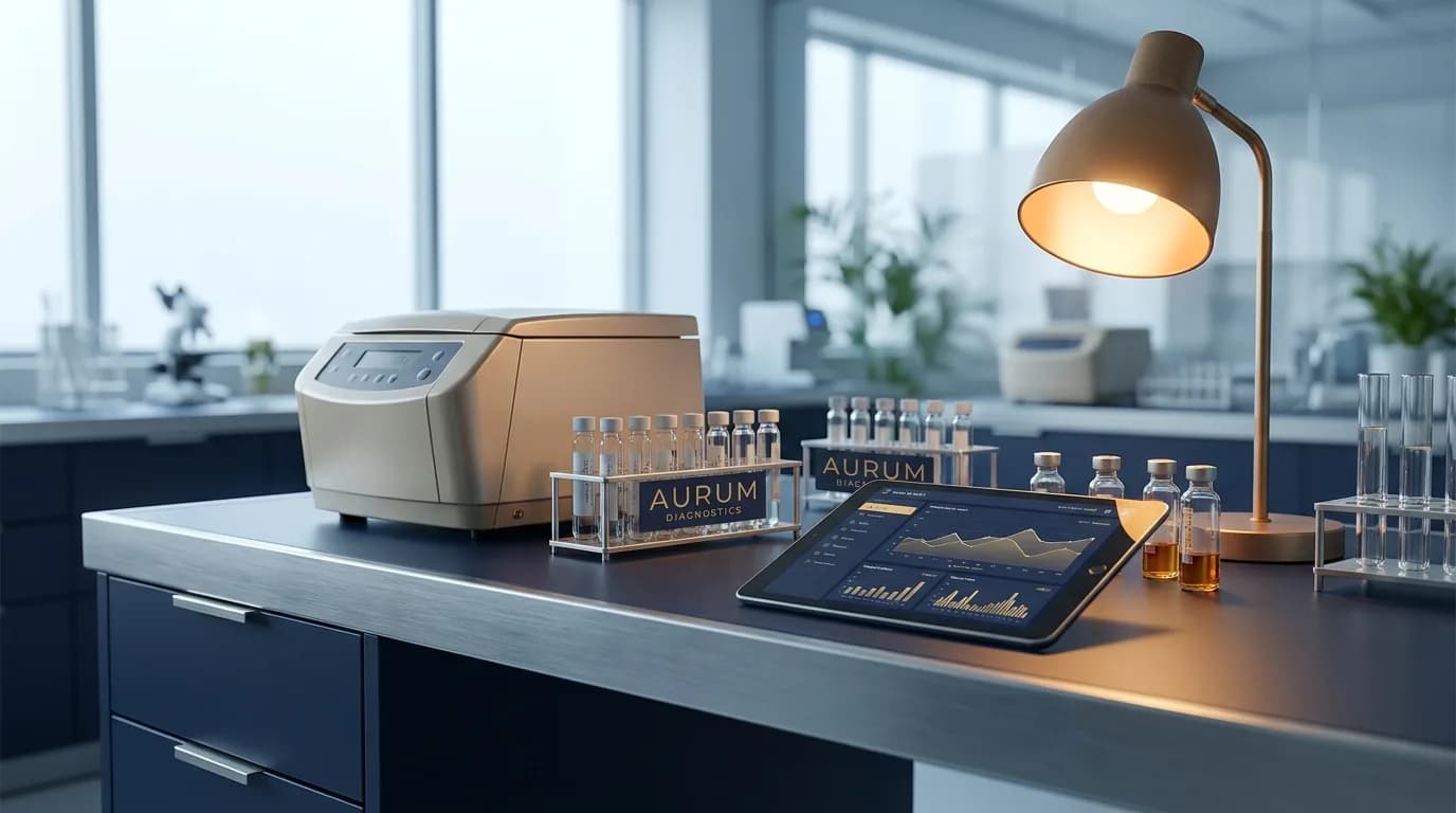 Sophisticated lab testing setup with vials and charts, minimalist editorial style.