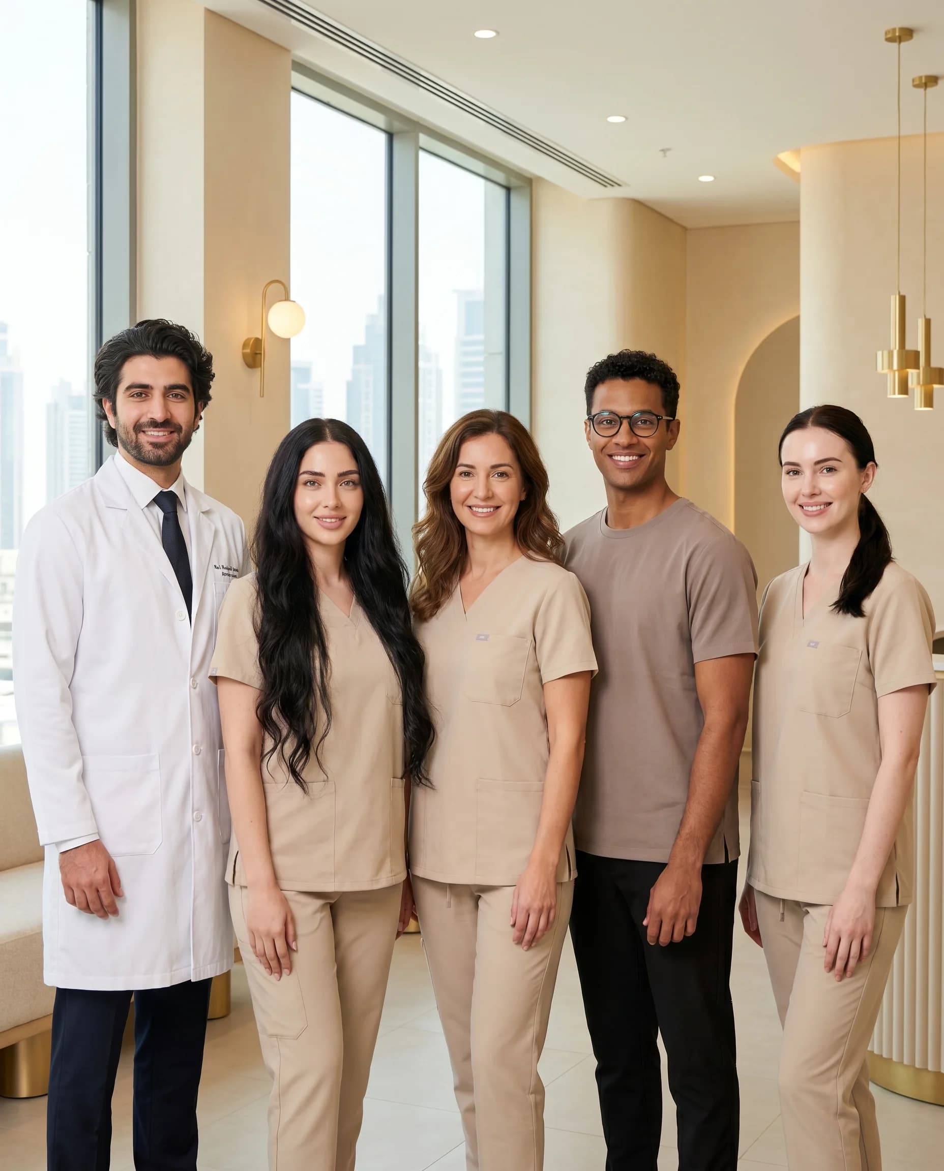 The full My Personal Doctor team — Dr. Andoni Díaz with the nurse, nutritionist, personal trainer and psychologist — standing together as one coordinated team.